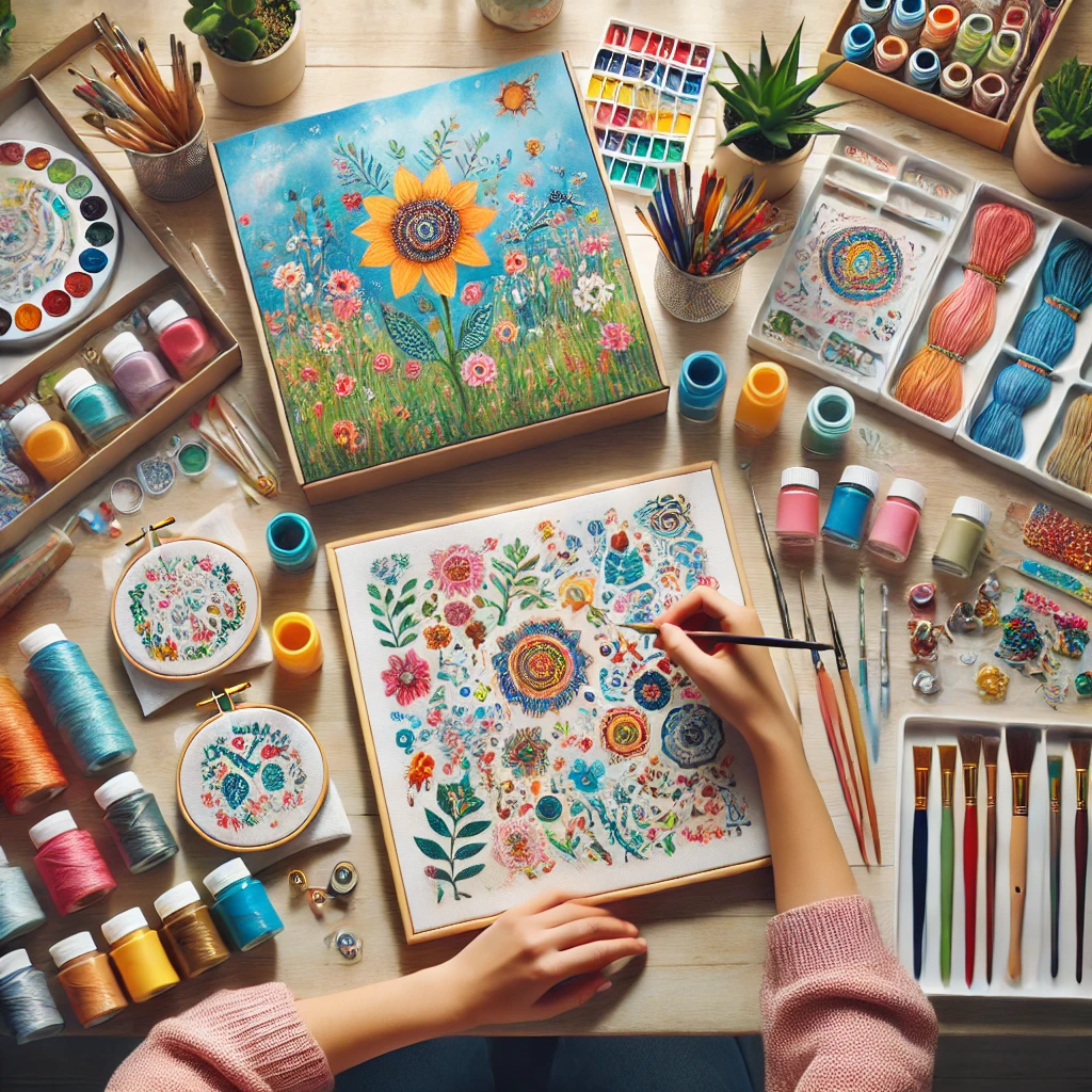 DIY craft kits with painting, embroidery, and clay materials on a table in a bright setting.