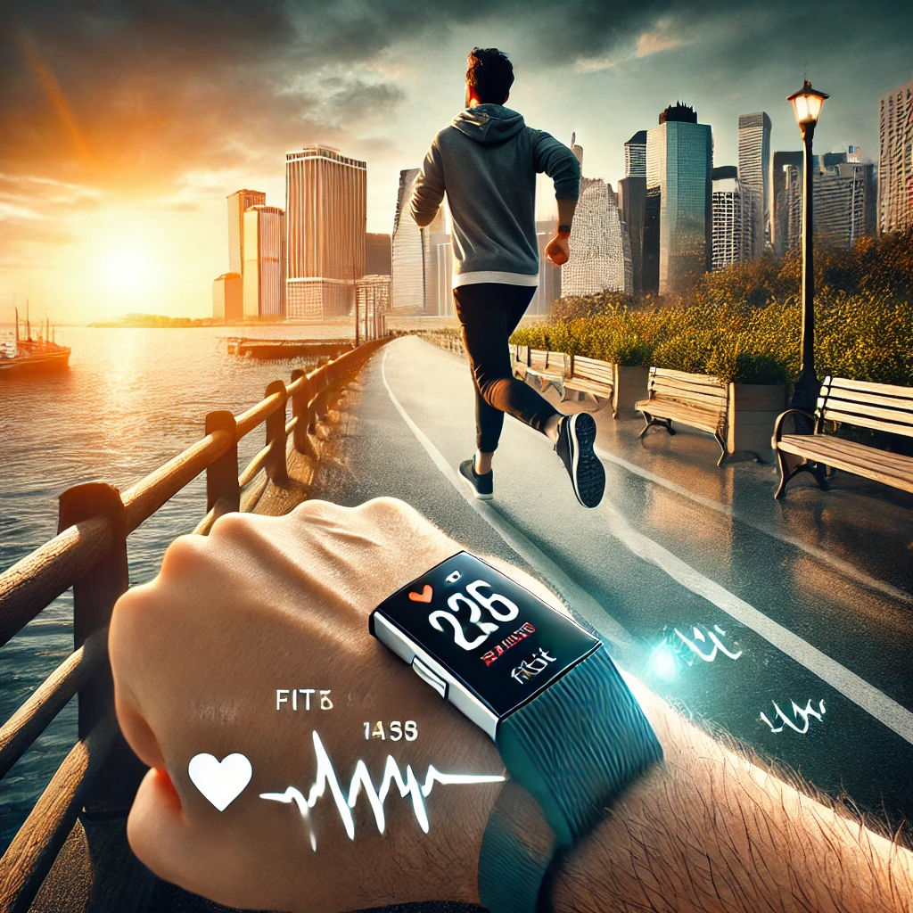 Fitbit Charge 5 on a jogger, displaying health metrics in a scenic outdoor setting.