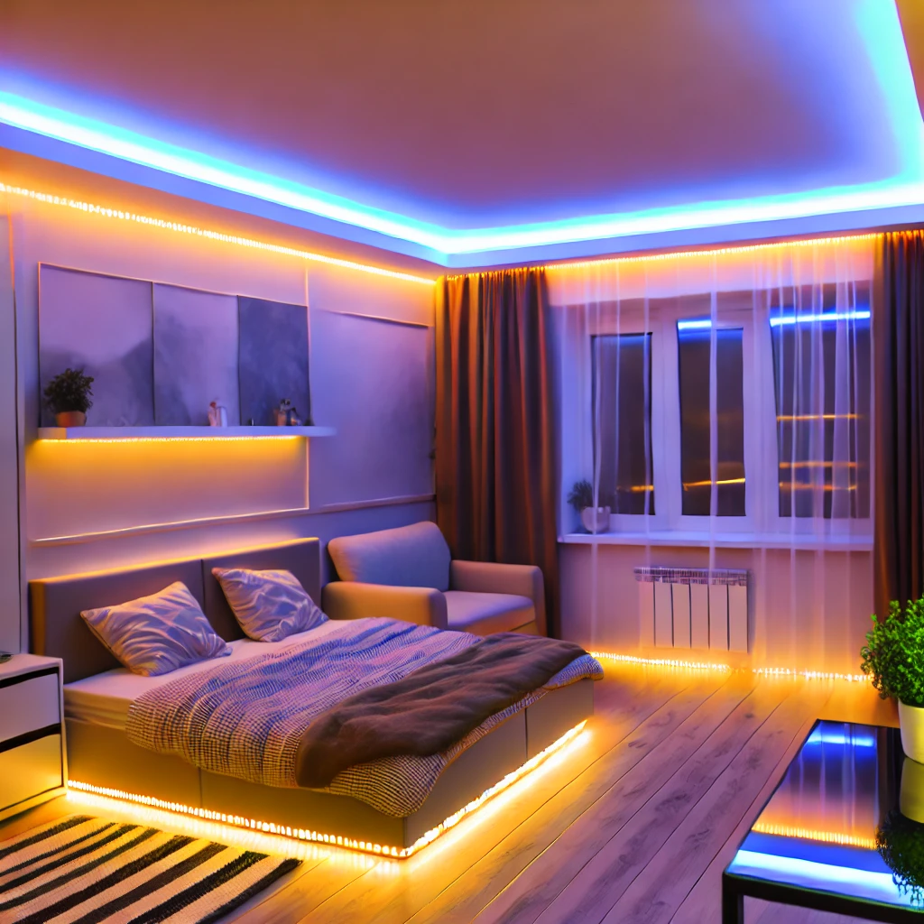 LED strip lights in a modern bedroom, creating a cozy and stylish room decor.