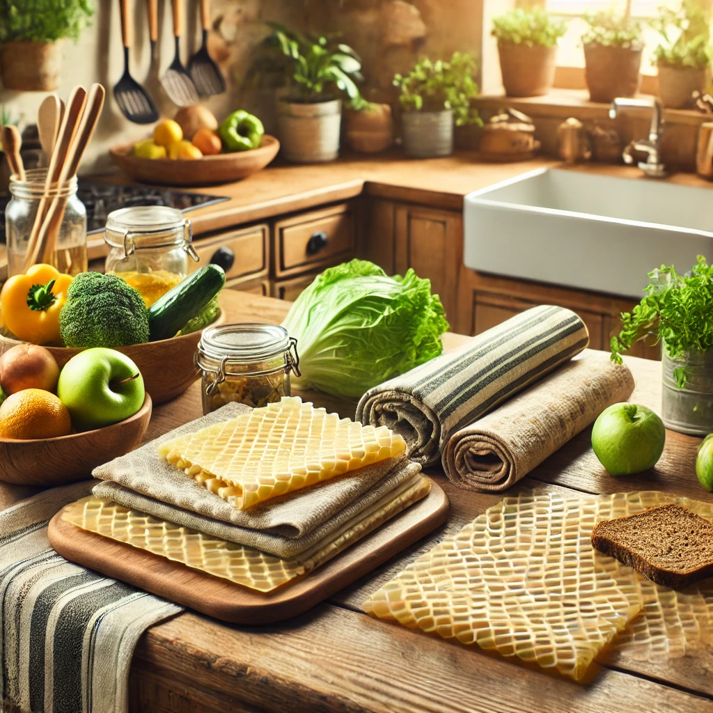 Reusable beeswax wraps covering food items in a rustic kitchen, showcasing eco-friendly alternatives.