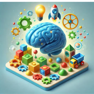 Educational Toys and STEM Learning thumbnail with a brain, gears, building blocks, and light bulb.