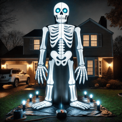 A 12-foot skeleton with glowing eyes, standing in a yard, illuminated for Halloween night.