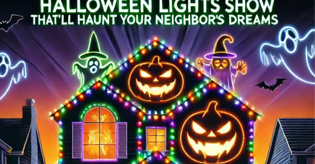 Bright Halloween lights show with spooky house and amazed neighbors in a suburban street.