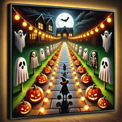 Outdoor Halloween Lights and Halloween pathway lights guide trick-or-treaters with pumpkins, skulls, and ghosts.