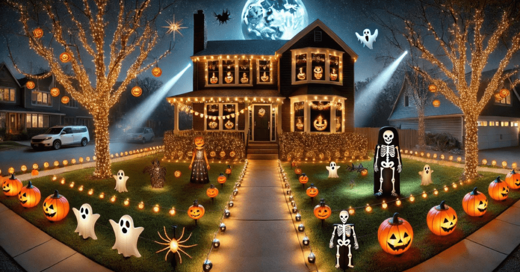 A spooky yard filled with Outdoor Halloween Lights, including string lights, projectors, and inflatables.