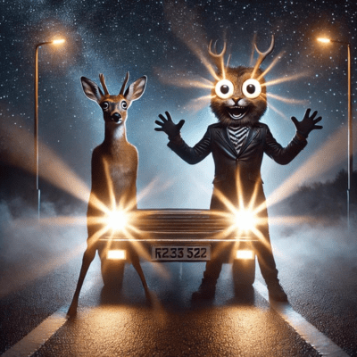 Humorous deer and headlights scene, perfect for Pinterest couples Halloween costumes inspiration.