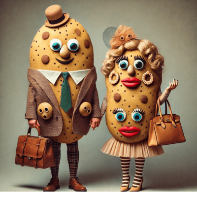 Couple dressed as a playful potato-themed duo in Pinterest Couples Halloween Costumes.