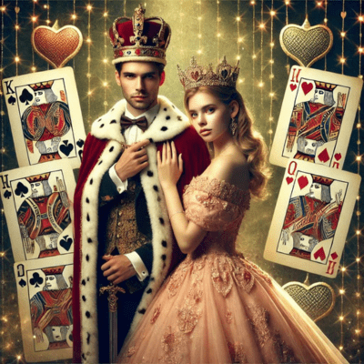 A playful King and Queen dressed in card-inspired costumes with royal court elements.