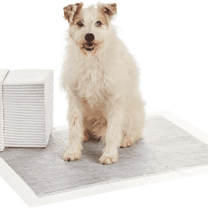 A fluffy white dog sits on an absorbent training pad next to a stack of folded pads.