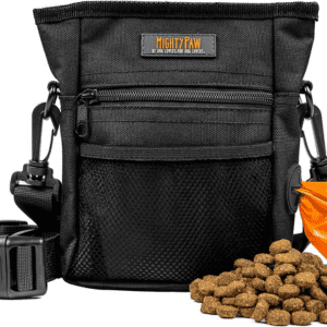 Mighty Paw Dog Treat Pouch 2.0 in black with compartments, treats, and waste bags.