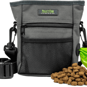 Mighty Paw green polyester dog treat pouch with compartments, treats, and waste bags.