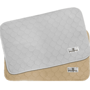 Two Pet Parents washable dog pee pads in beige and gray colors, designed for absorbency.