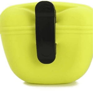 Yellow RoyalCare silicone dog treat pouch with black clip for easy attachment.