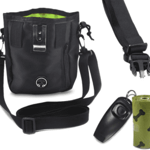 Best Eco-friendly treat pouches dogs like: black dog treat pouch with strap, clicker, and waste bag holder.