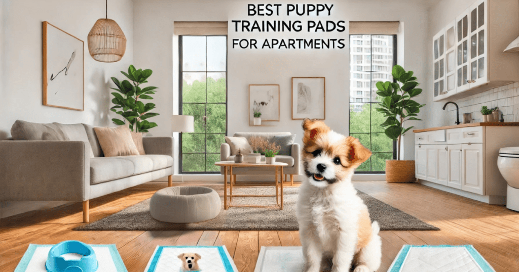 Best Puppy Training Pads for Apartments displayed in a cozy living room with a happy puppy on a training pad.