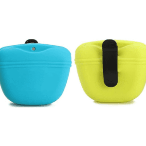 Best treat pouches dogs love: RoyalCare silicone treat pouches in blue and yellow with clips.