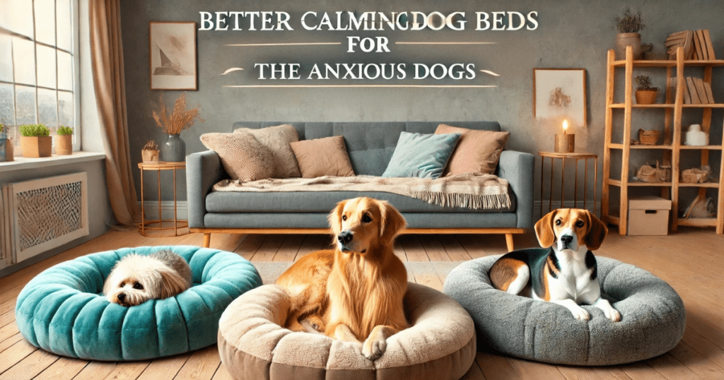 Three dogs resting peacefully in large, plush calming dog beds for anxious dogs.