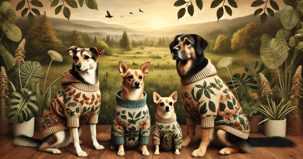 Four dogs in biophilic-themed dog sweaters with natural elements like leaves and earth tones.