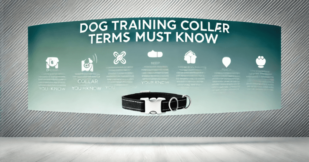 Dog training terms for collar training with icons showing remote, beep, vibration, and shock to simulate this term glossary page.