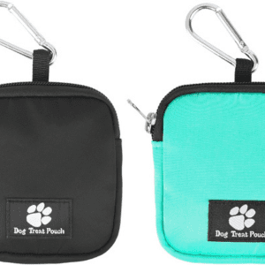 eBasics 2 Pack dog treat pouches in black and turquoise with carabiner clips.