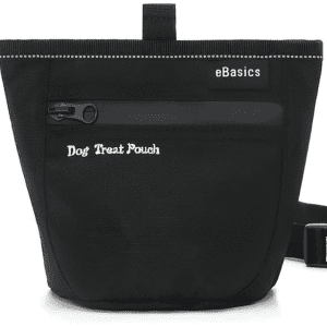 Black eBasics dog treat pouch with zippered pocket and adjustable waist strap for convenience.