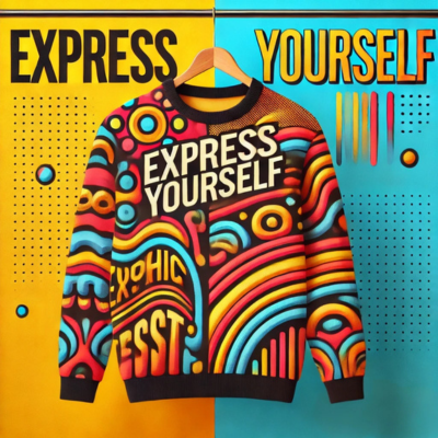 A stylish graphic sweater with abstract designs, perfect as a statement sweater.