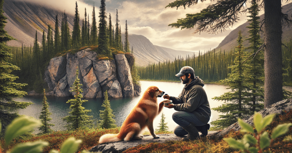 Image representing Northwest Territories Positive Reinforcement Dog Trainers rewarding a well-behaved dog in scenic wilderness.