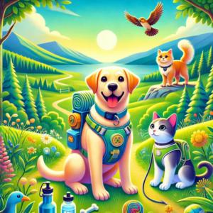 Pets enjoying a joyful outdoor adventure with gear in a forest setting.