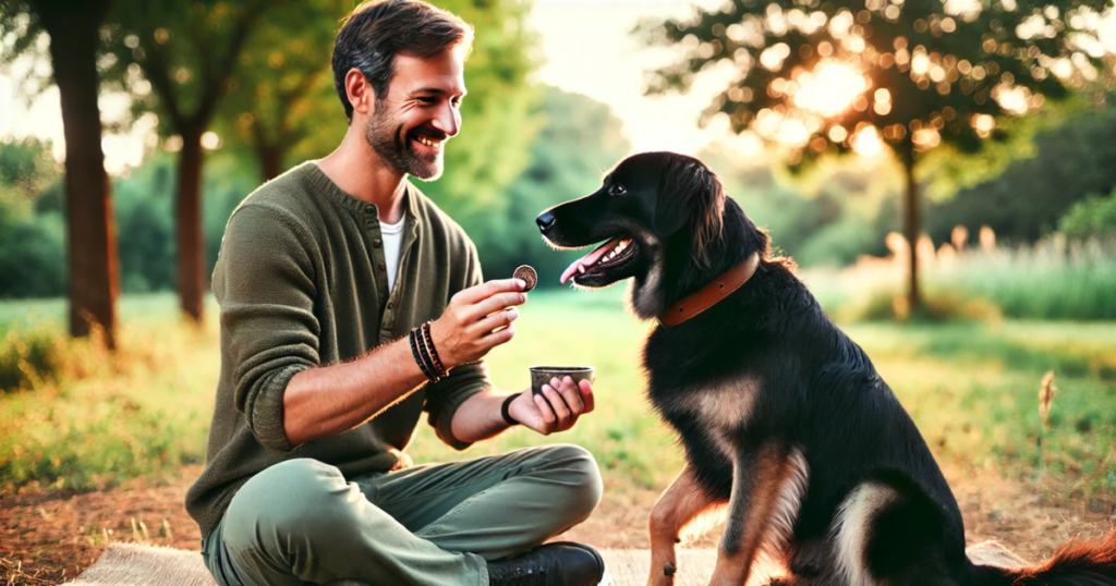 Dog being rewarded with a treat by the owner using positive reinforcement dog training in a peaceful outdoor setting.