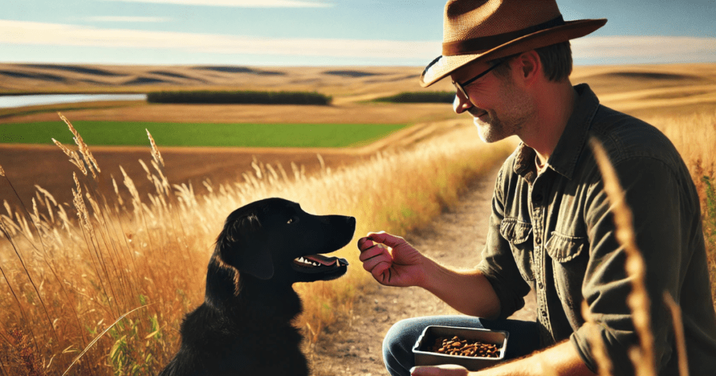 Image representing SK and MB Positive Reinforcement Dog Trainers. Rewarding the dog in a peaceful prairie setting.