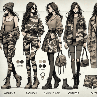 Fashionable womens camouflage outfits, showcasing edgy and chic style options.