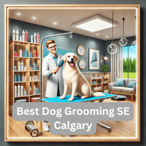 A cheerful groomer at the Best Dog Grooming SE Calgary salon grooming a Labrador Retriever.