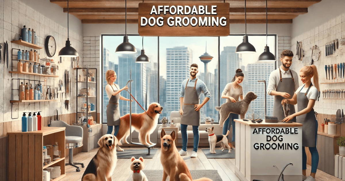 Affordable dog grooming in Calgary with cheerful staff and various dog breeds.