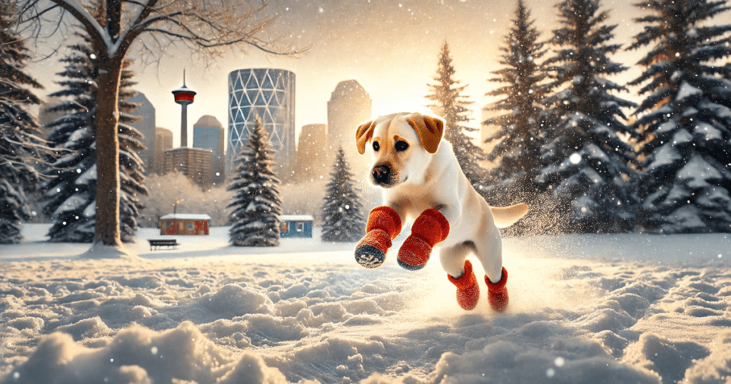 Playful Labrador wearing bright orange best dog boots for winter
in snowy Calgary park landscape.