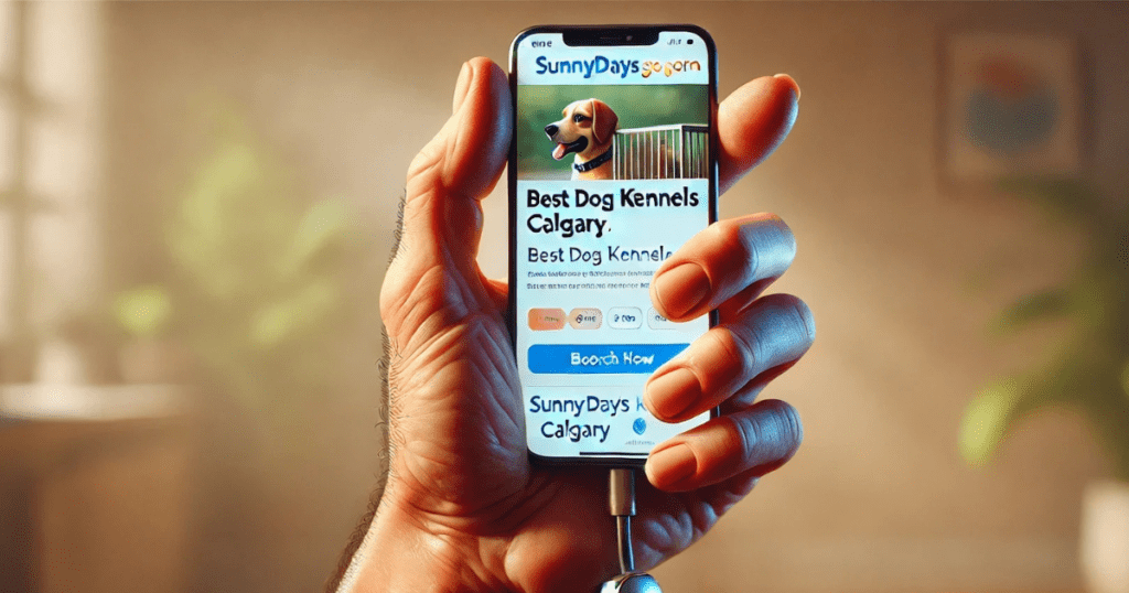 Hand holding a smartphone displaying SunnyDaysGo.com page for Best Dog Kennels Calgary services.