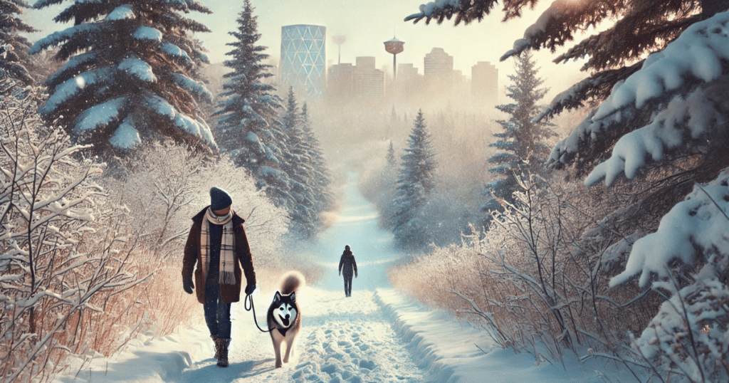 A snowy trail in Calgary with a person walking a Husky; Best Winter Dog Walking Trails in Calgary.