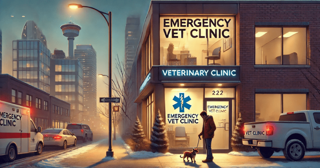 Emergency Calgary dog veterinary clinic at night with a pet owner and snowy surroundings.