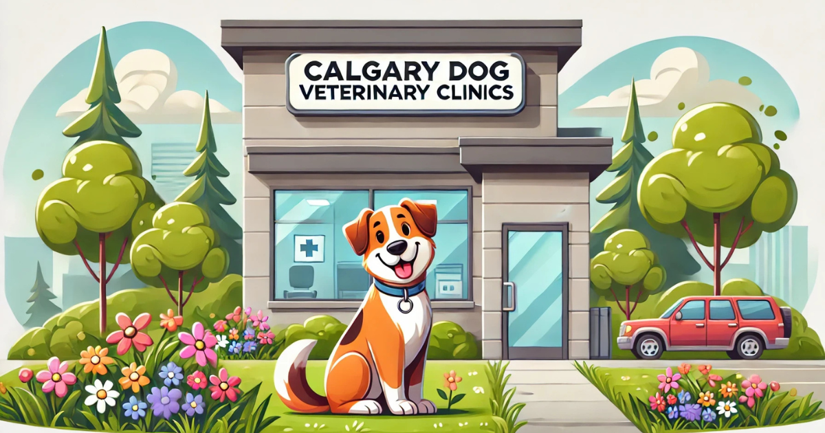 Calgary Dog Veterinary Clinics exterior with cheerful dog on grassy area and flowers.