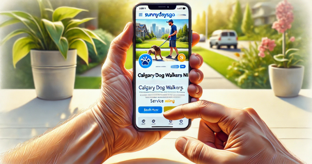 Hand holding a smartphone showing SunnyDaysGo.com page for Calgary Dog Walkers NW services.