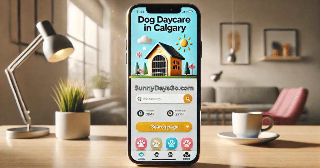 Smartphone displaying dog daycare prices in Calgary on SunnyDaysGo.com in a modern workspace.