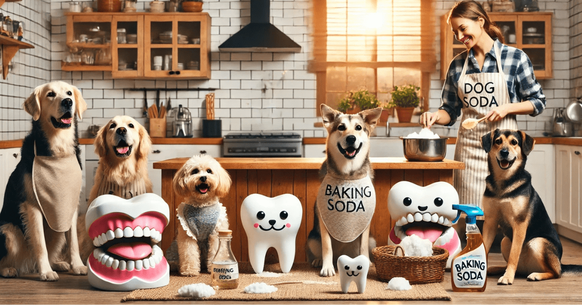 Dogs and a parent demonstrating dogs baking soda uses in a cozy home kitchen.