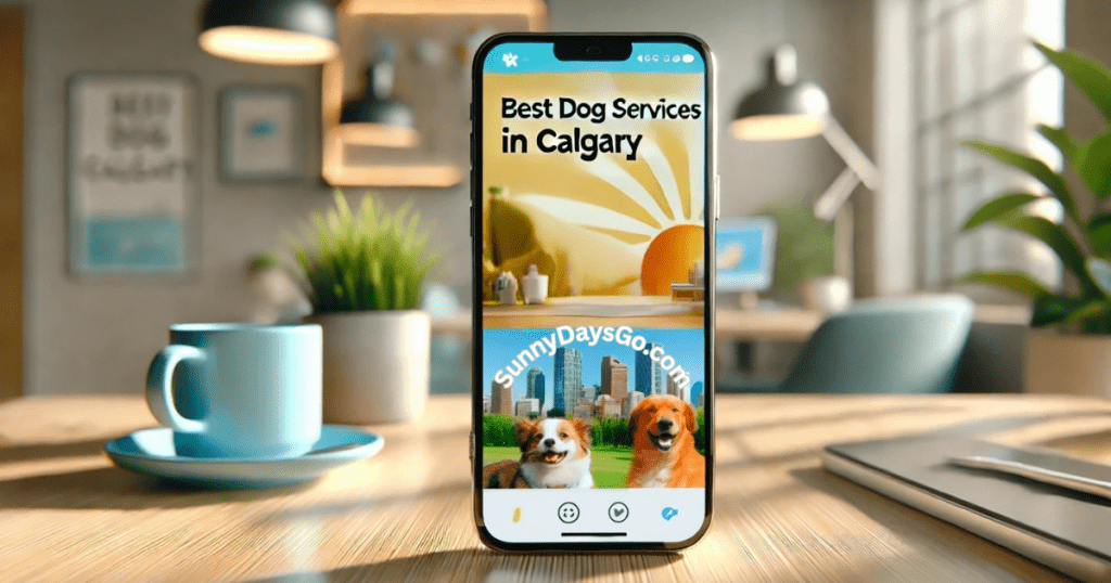 Smartphone showing Best Dog Services in Calgary with happy dogs and Calgary cityscape.