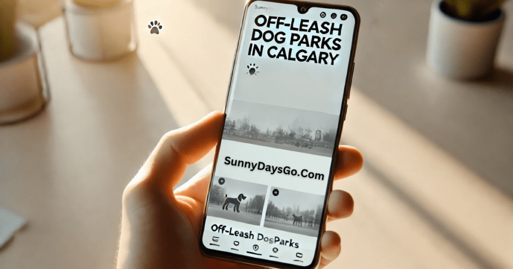 Phone screen showing a webpage with the title Dog parks in Calgary displayed.