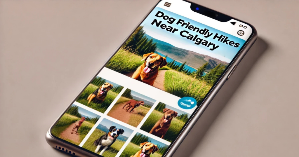 Smartphone displaying dog friendly hikes near Calgary with a natural outdoor trail and trees.