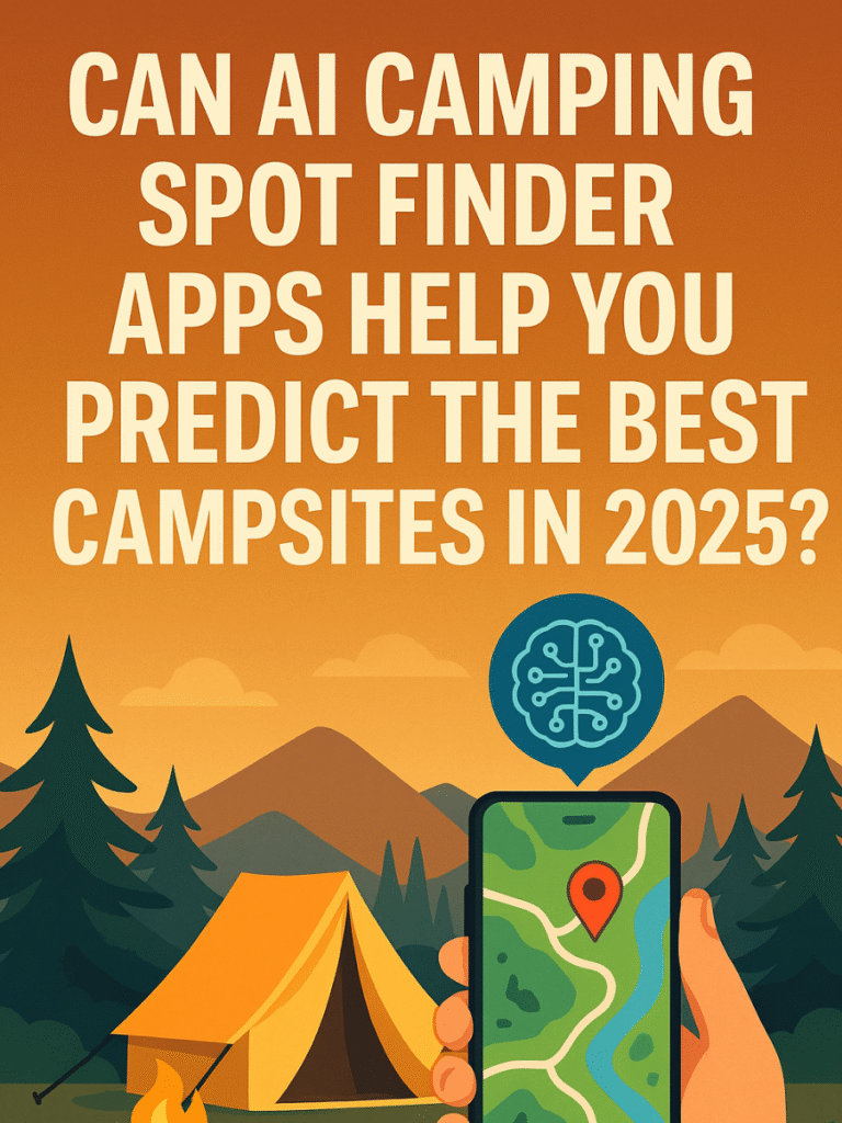 Illustration of AI camping spot finder app showing a campsite map with tent and campfire.
