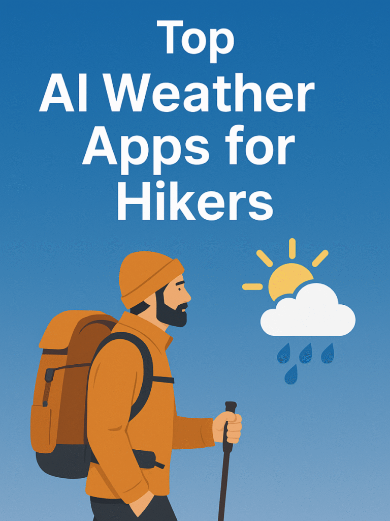 Illustration of a hiker and weather icon representing AI weather apps for hikers outdoors.