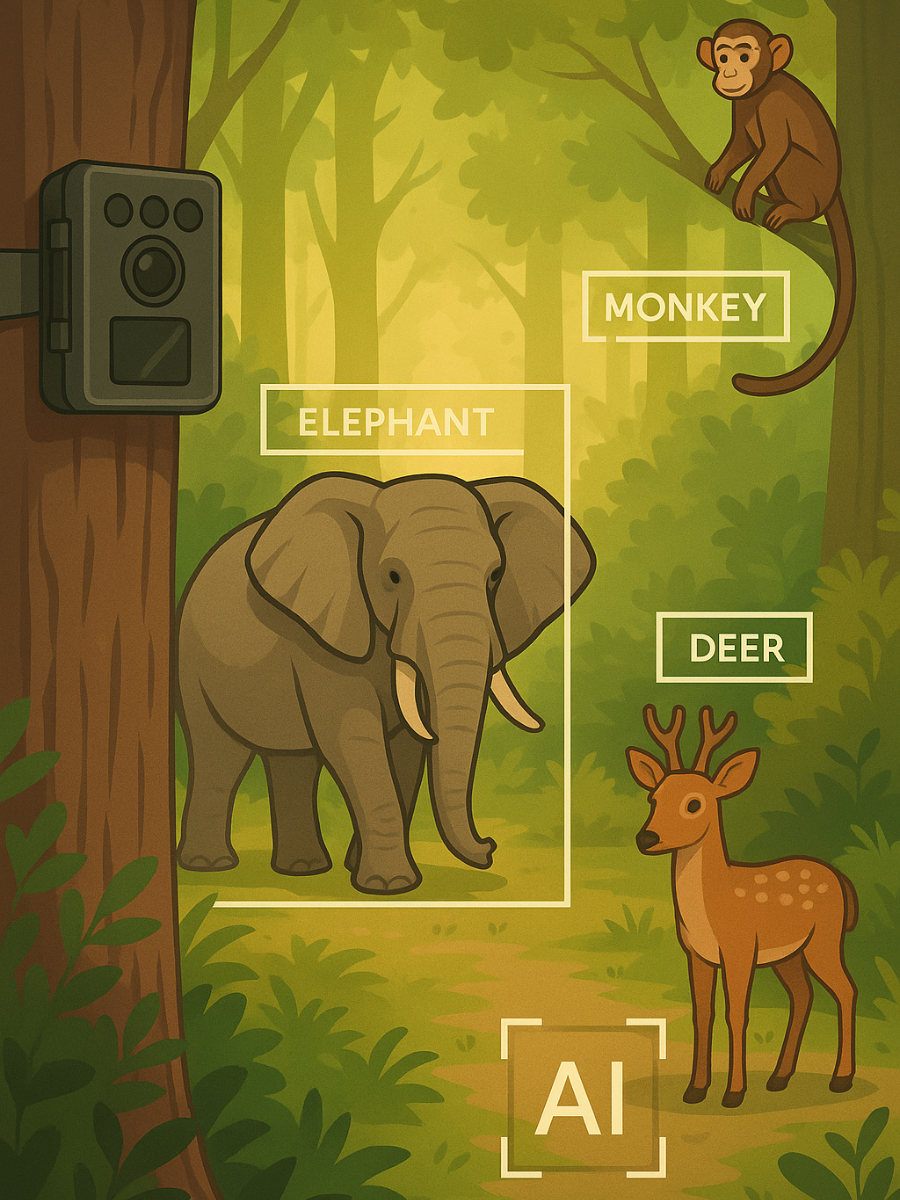 AI wildlife detection camera capturing elephant, monkey, deer in forest