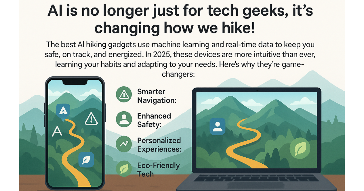AI Hiking Gadgets Smartphone and laptop displaying AI hiking gadget features on mountain map