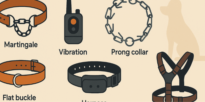 Types of Dog Training Collars Illustrated Illustration showing six types of dog training collars and harnesses for positive reinforcement