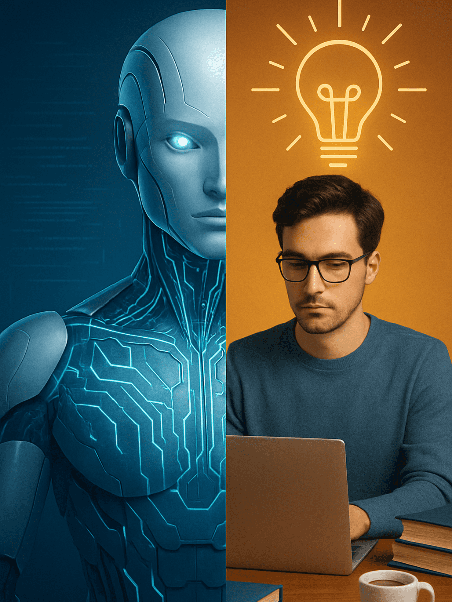AI Writer vs Human Writer comparison showing robot and human writer side by side